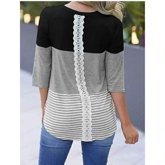 Hount Womens 3/4 Sleeve Back Lace Tops Round Neck Striped T-Shirts SZ M #1180 - Picture 2 of 13